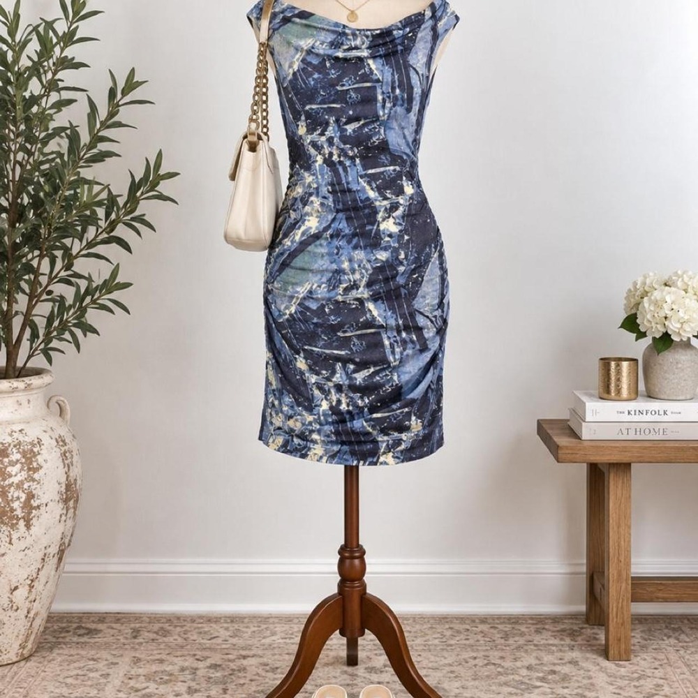VENUS Blue Abstract Ruched Dress – Size S
